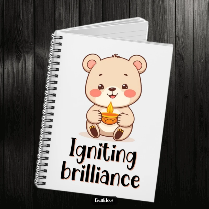 Funny bear character holding a warm diya lamp, a humorous notebook for capturing ideas and thoughts, useful gift.