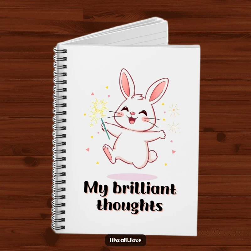 Funny bunny notebook with a cheerful rabbit holding sparklers, ideal for journaling and creative writing.