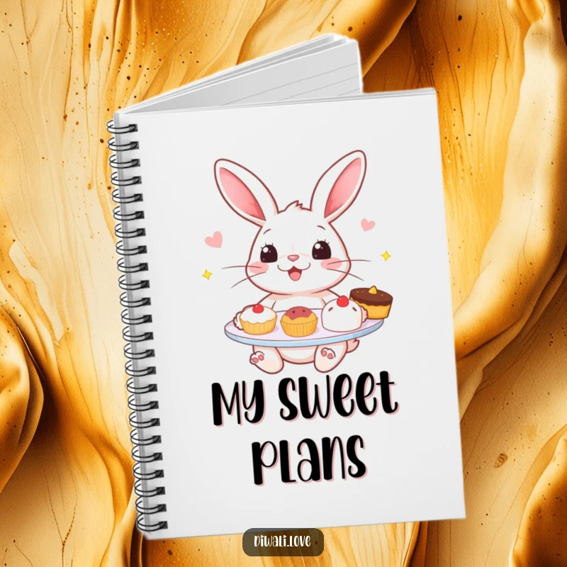 Funny notebook: A cheerful rabbit offering a plate of tempting sweets, perfect for journaling sweet ideas.