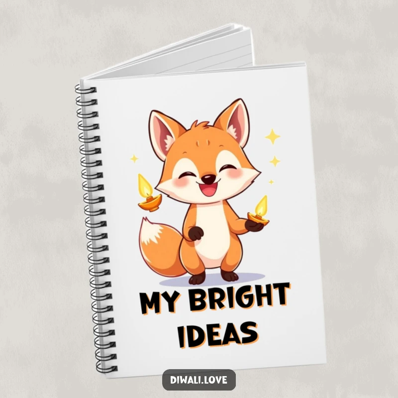 Funny fox notebook with a grinning fox juggling glowing diyas, perfect for journaling and creative brainstorming.
