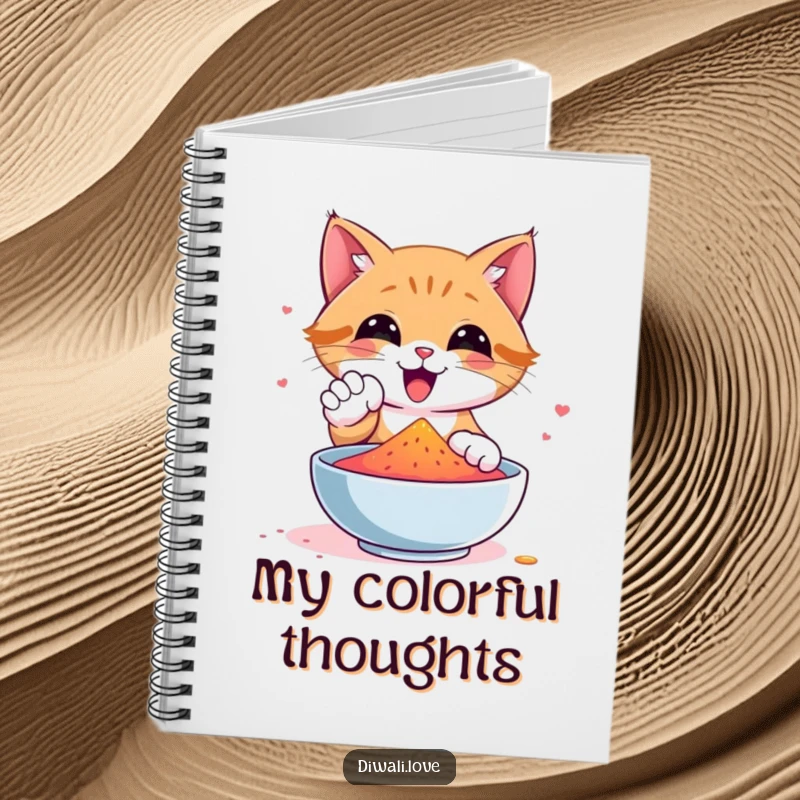Funny cat notebook with a happy cat playfully interacting with gulal powder, ideal for note-taking and creative writing.