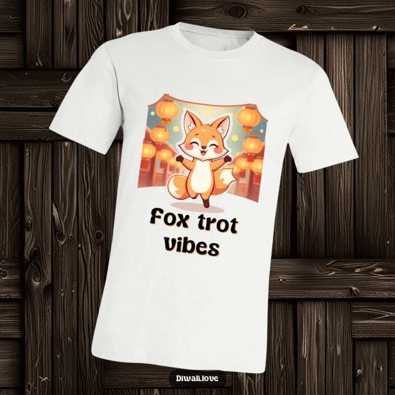 Funny dancing fox t-shirt with glowing lanterns, perfect for expressing joyful energy and celebration.