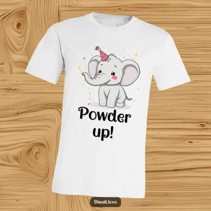 Funny T-Shirt: A festive elephant joyfully tossing a cloud of colorful powder, celebrating Holi with pure delight.