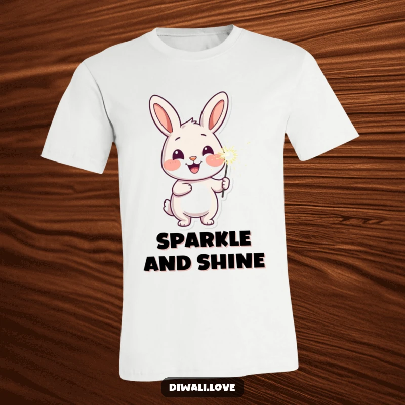Funny cheerful rabbit t-shirt featuring a sparkler lighting up its happy face, perfect for festive occasions.