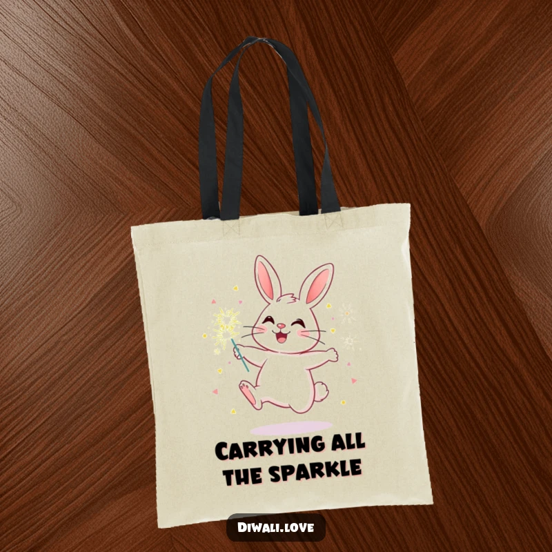 Funny bunny tote bag illustrating a cheerful bunny holding glowing sparklers, perfect for shopping and daily use.