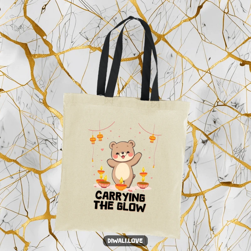 Funny tote bag: A playful bear dancing surrounded by floating diyas, a practical and festive accessory.