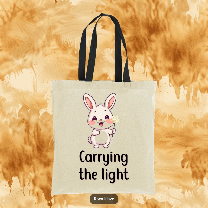 Funny cheerful rabbit tote bag with a sparkler creating a joyful and humorous accessory.