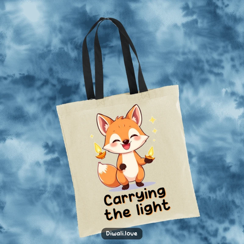 Funny fox tote bag depicting a grinning fox juggling luminous diyas, ideal for carrying essentials with a festive touch.