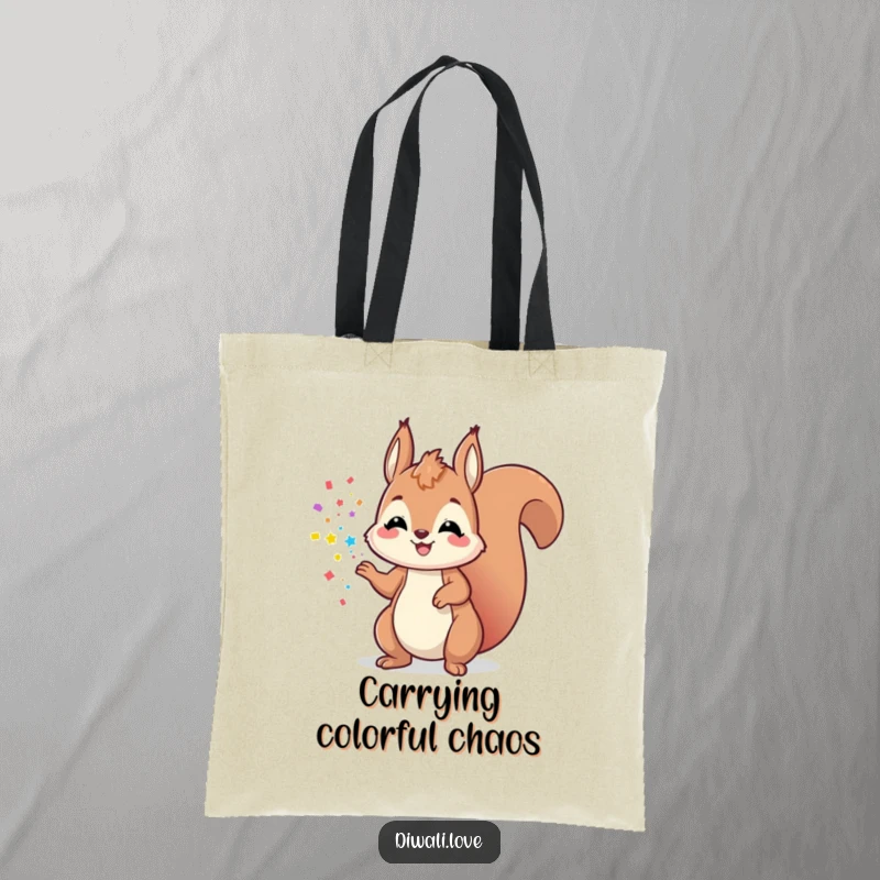 Funny playful squirrel tote bag tossing colorful powder, perfect for stylish and humorous everyday use.