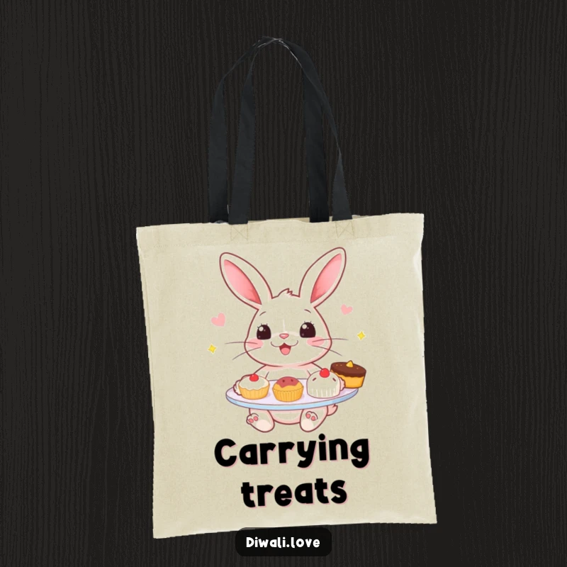 Funny tote bag: A cheerful rabbit offering a plate of tempting sweets, a practical and delightful accessory.
